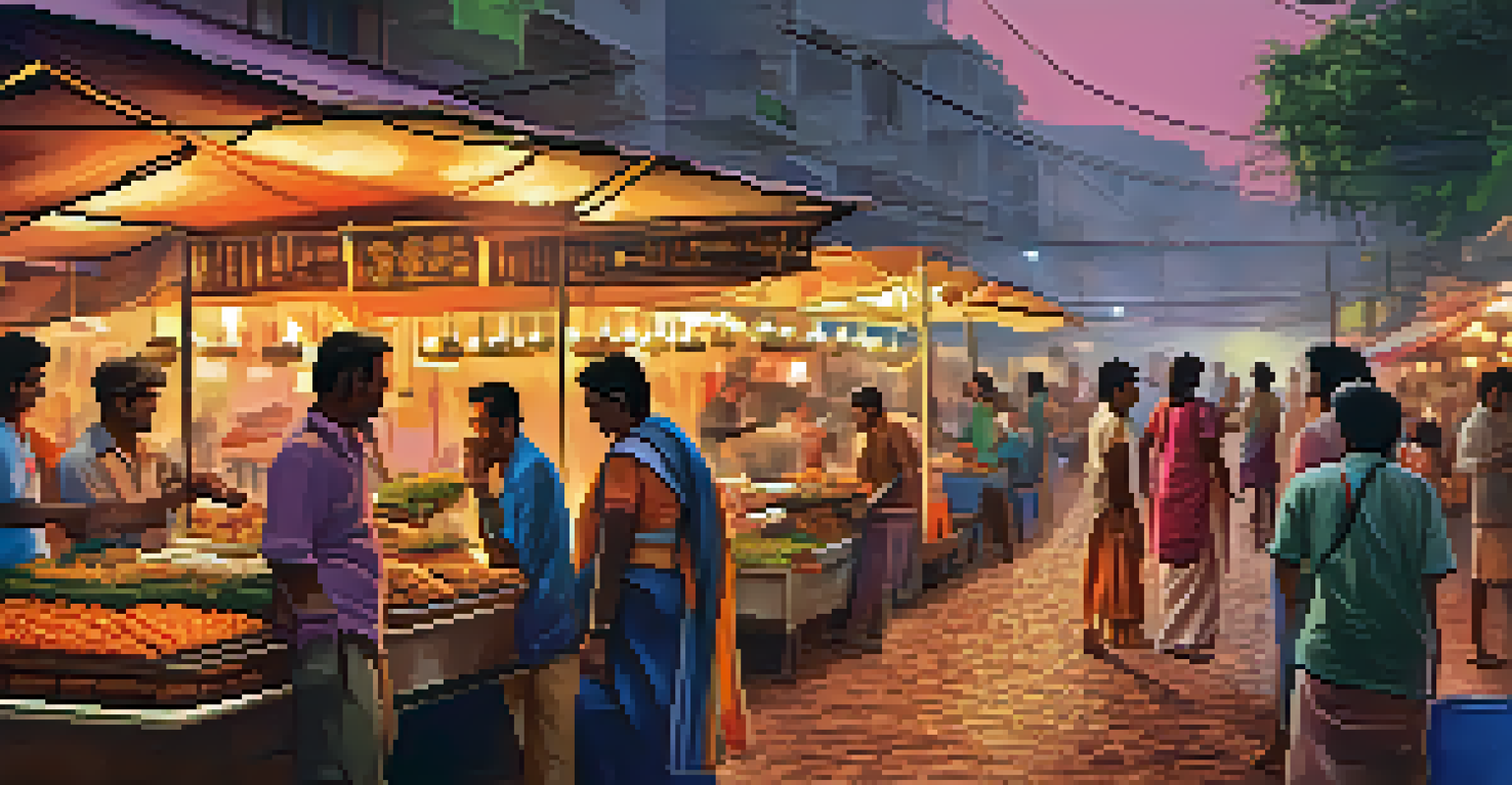 A lively street food scene in Visakhapatnam, showcasing colorful stalls and people enjoying local delicacies.
