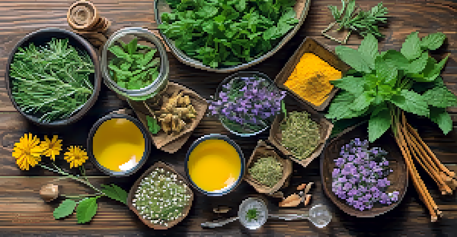 A close-up view of vibrant medicinal herbs like turmeric, mint, and chamomile arranged on a wooden table, emphasizing their colors and textures in natural light.