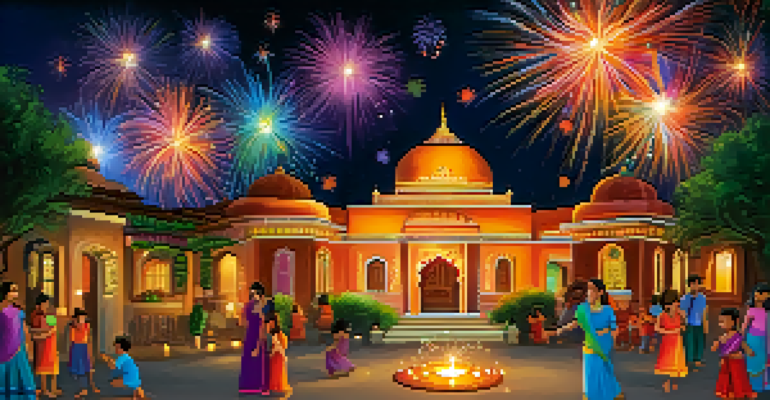 A beautiful Diwali night with homes lit by diyas and fireworks illuminating the sky.