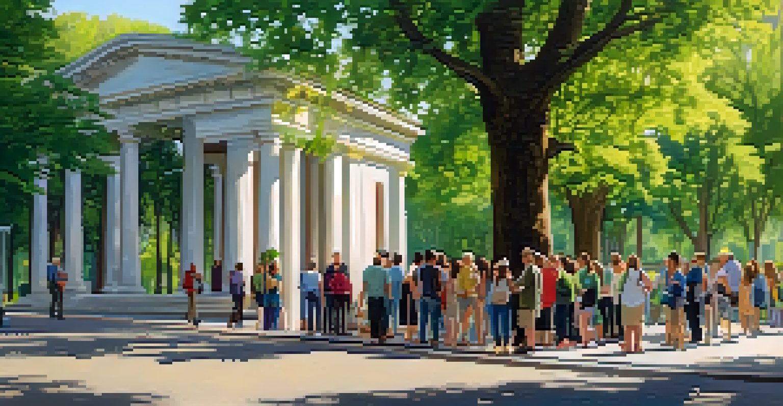 A diverse group of people on a guided tour, listening to a guide next to a historic landmark, surrounded by green trees and public art in soft morning light.