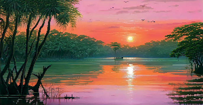 A sunset over the mangroves of Sundarbans National Park with a Bengal tiger in the foreground.