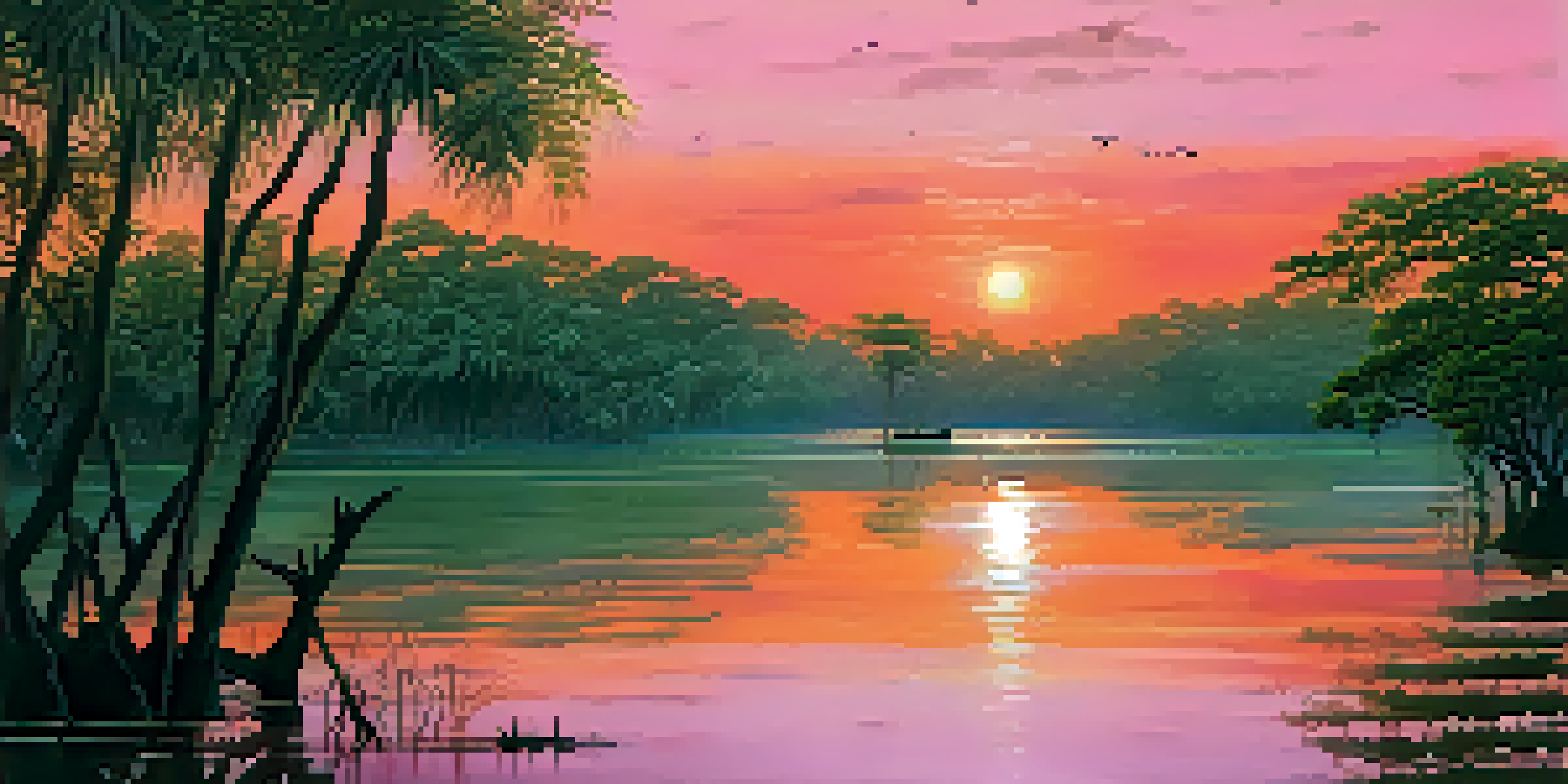 A sunset over the mangroves of Sundarbans National Park with a Bengal tiger in the foreground.
