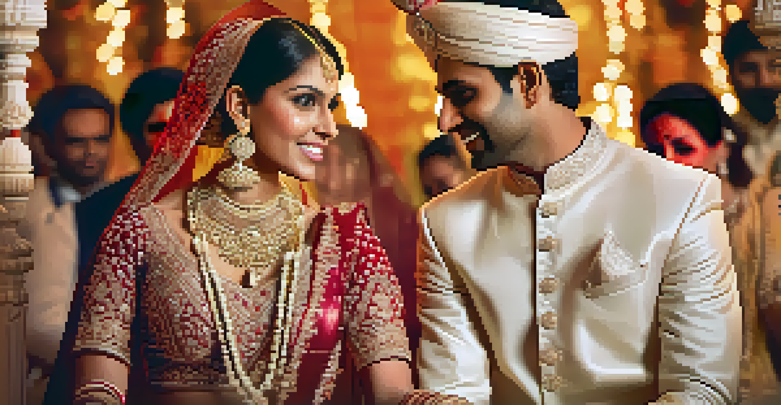 A bride in a lehenga and a groom in a sherwani at a beautifully decorated wedding venue.
