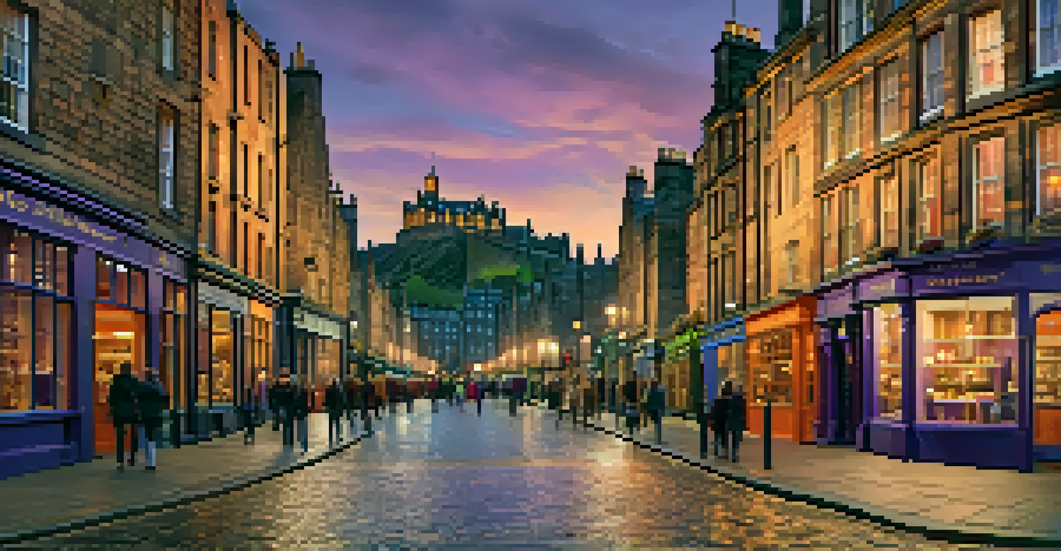 A captivating evening view of the Royal Mile in Edinburgh with illuminated Edinburgh Castle and a colorful sunset sky.