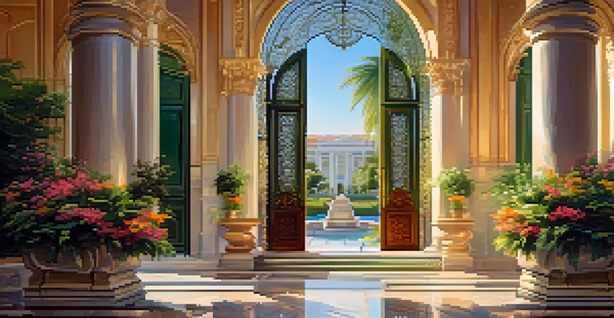A beautifully carved entrance of a heritage hotel with ornate pillars and a view of lush gardens.