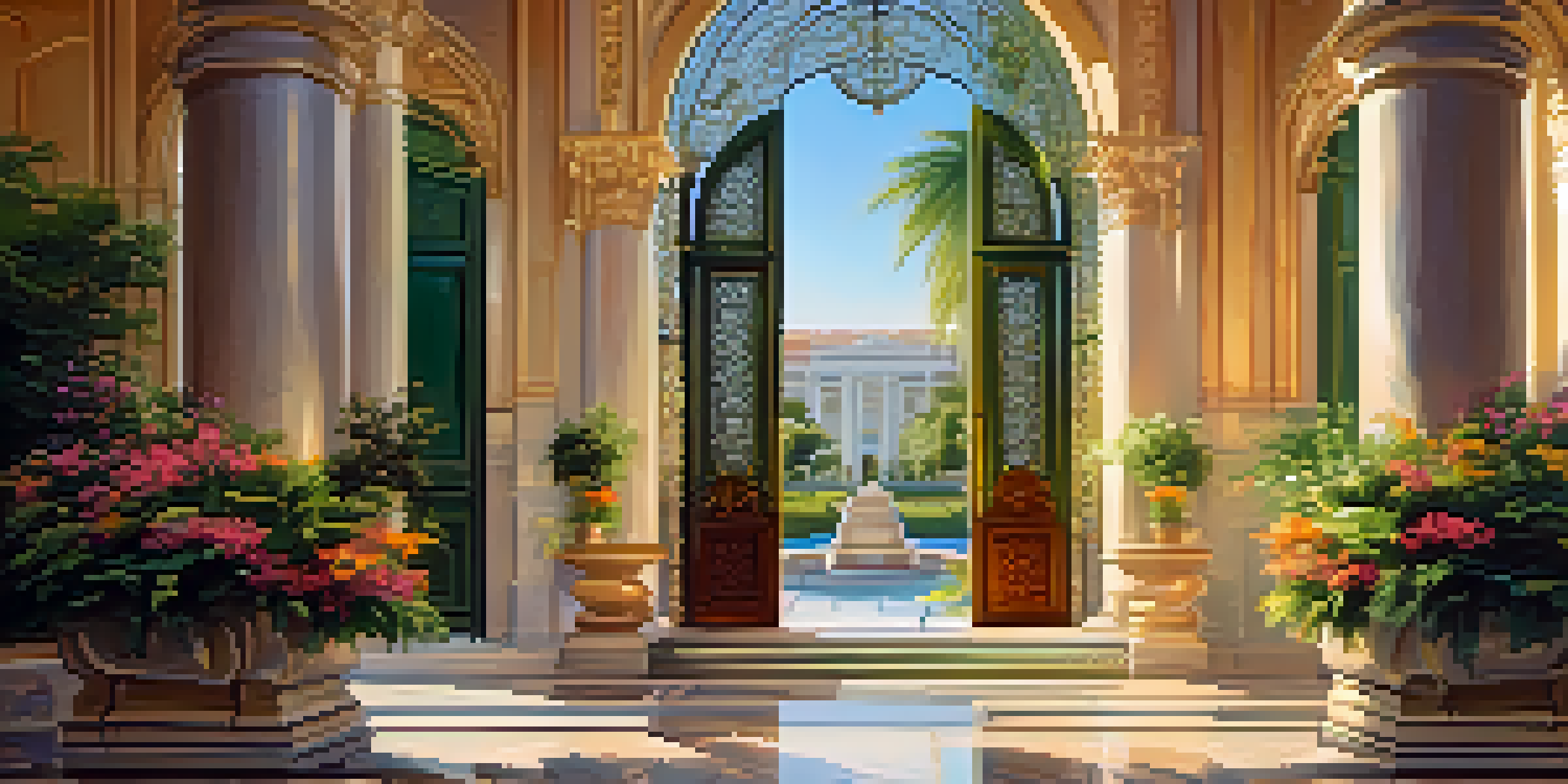 A beautifully carved entrance of a heritage hotel with ornate pillars and a view of lush gardens.
