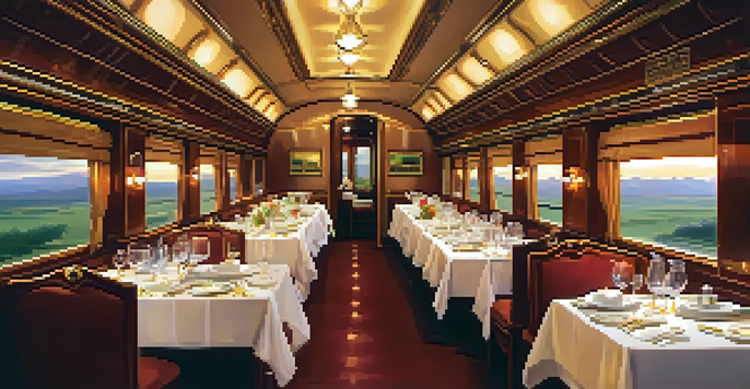 An elegant dining car on a luxury train, showcasing fine dining with well-set tables and scenic views outside the windows.