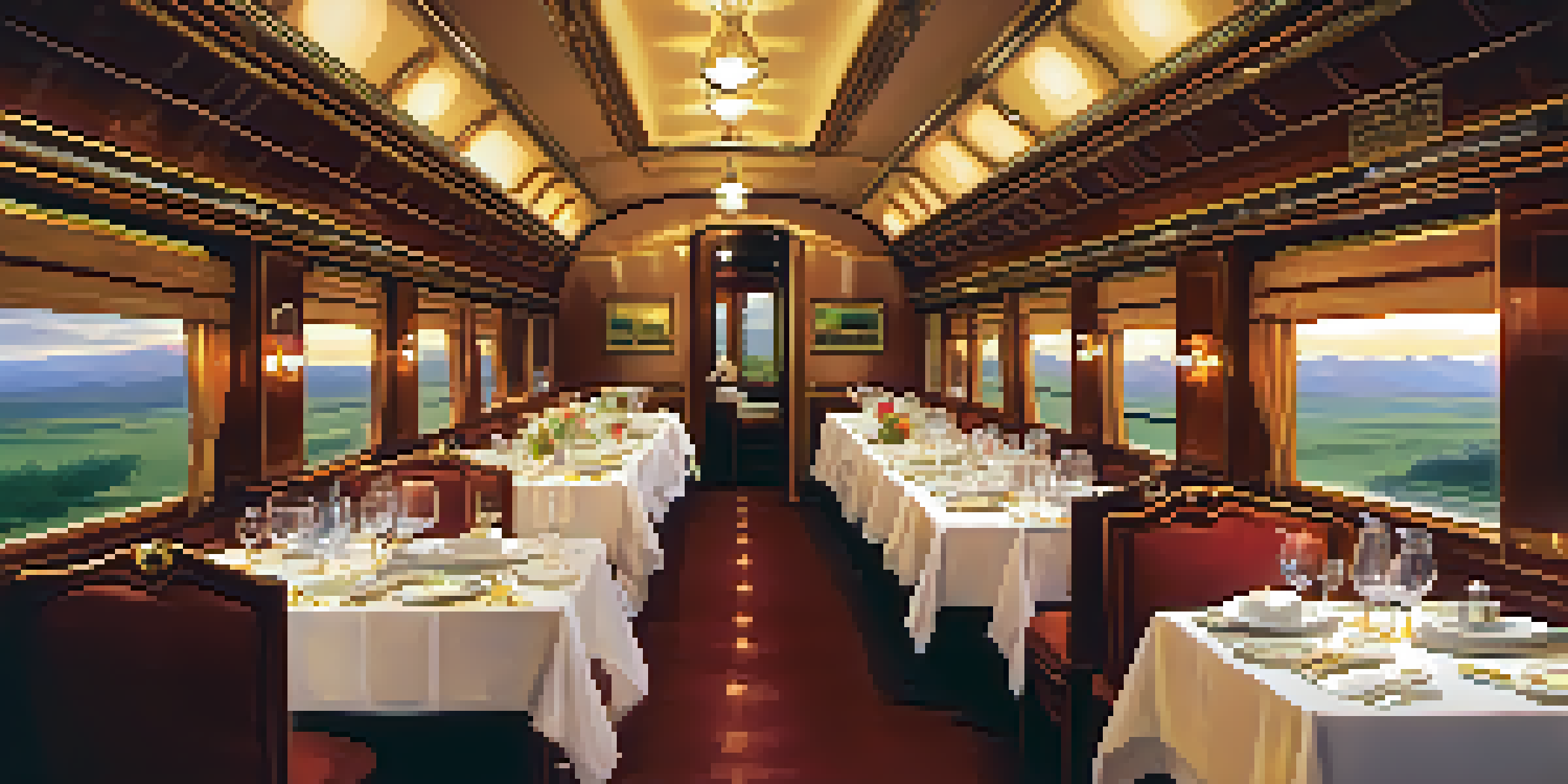An elegant dining car on a luxury train, showcasing fine dining with well-set tables and scenic views outside the windows.