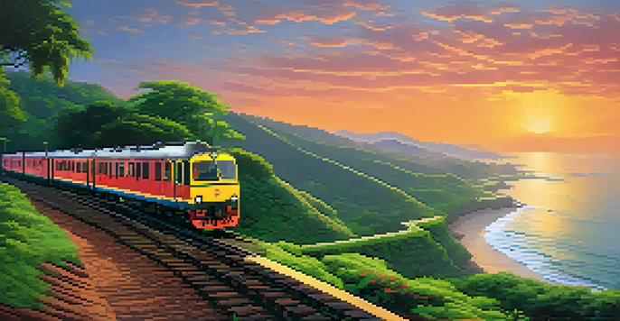 A train travels along a coastal railway surrounded by green hills and the ocean at sunset, showcasing beautiful colors in the sky.