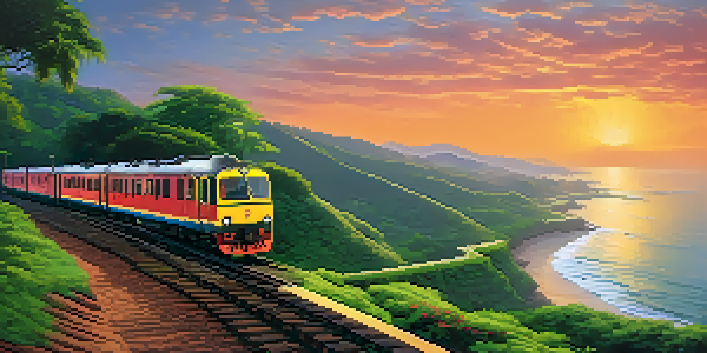 A train travels along a coastal railway surrounded by green hills and the ocean at sunset, showcasing beautiful colors in the sky.