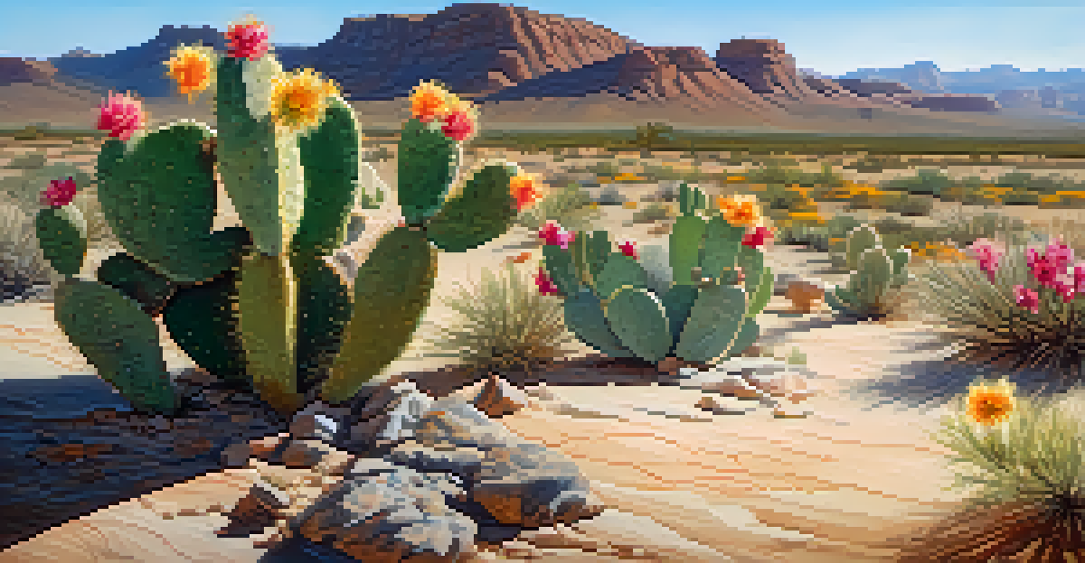 A close-up view of a blooming cactus in the Western Desert, with vibrant flowers against a backdrop of sandy soil and rocks.
