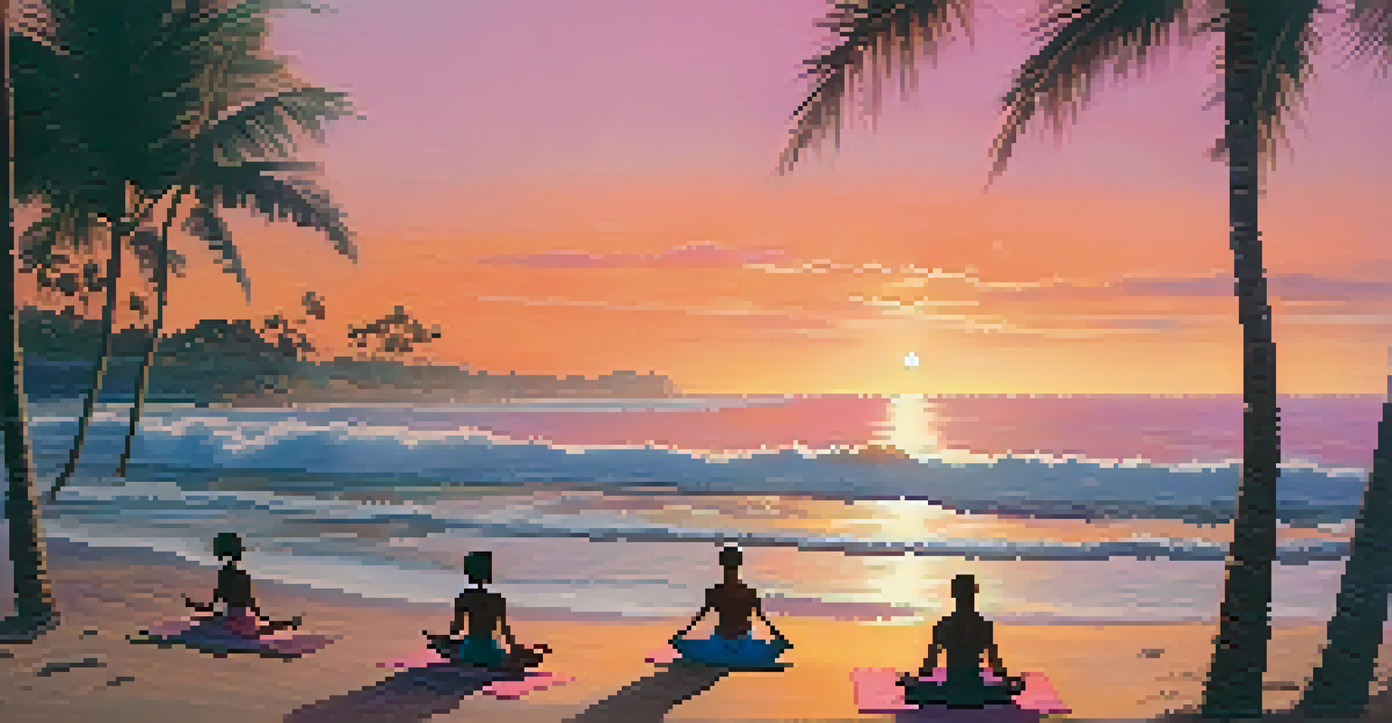 A beautiful beach at sunset with people practicing yoga, palm trees, and gentle waves.
