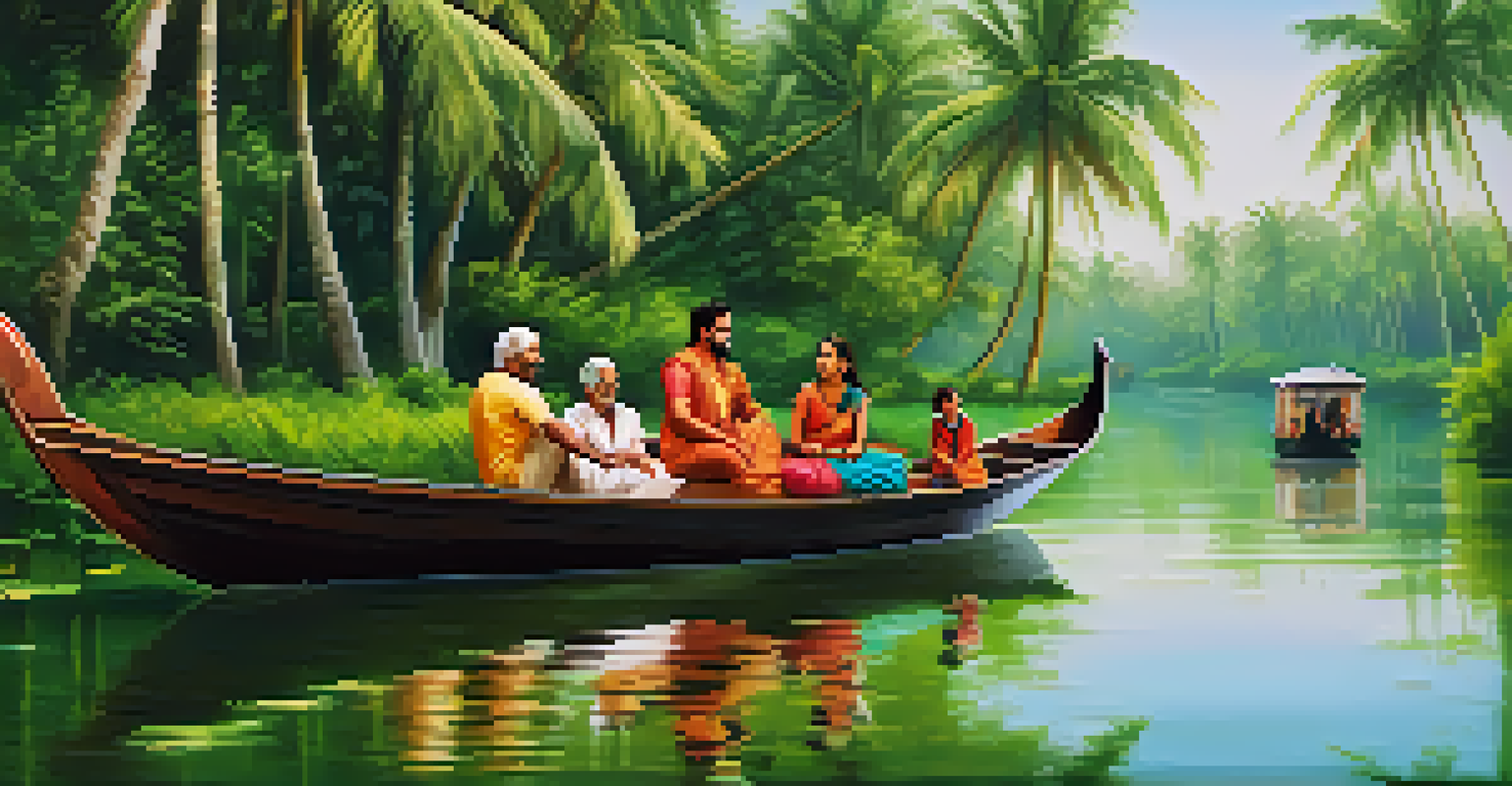 A family enjoying a peaceful boat ride on the backwaters of Kerala, surrounded by lush greenery and palm trees.