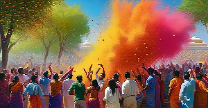 A colorful celebration of Holi with people throwing colored powders in the air amidst traditional decorations.