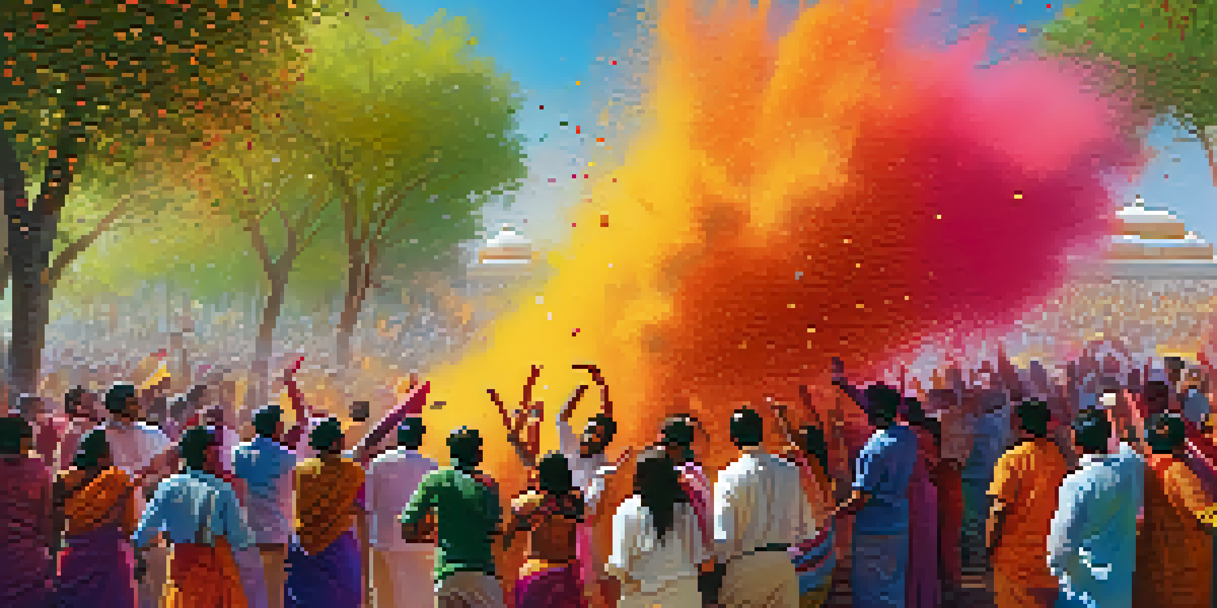 A colorful celebration of Holi with people throwing colored powders in the air amidst traditional decorations.