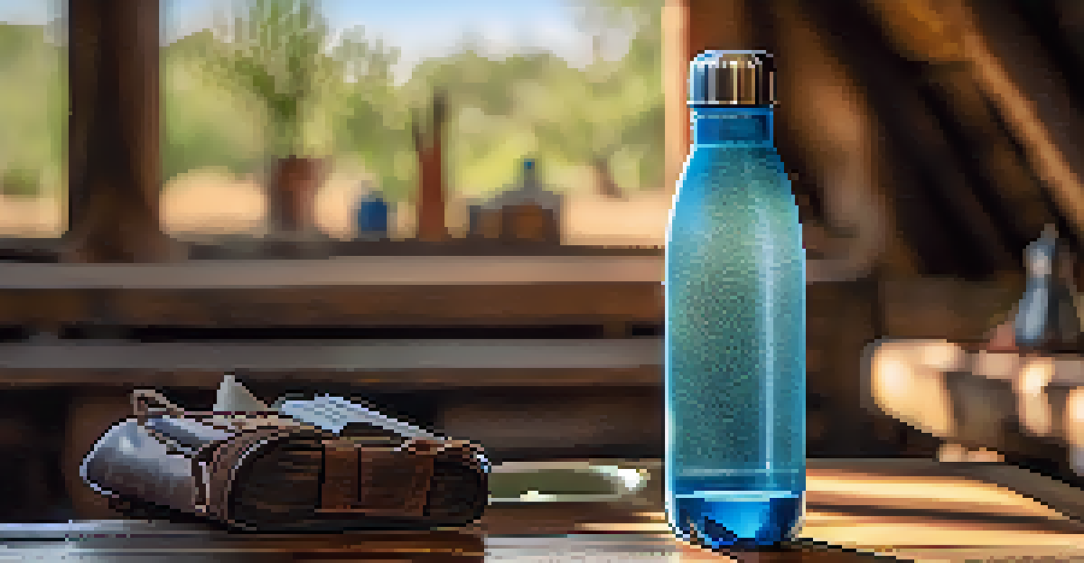 A refillable water bottle and local artisan crafts in a safari lodge setting.