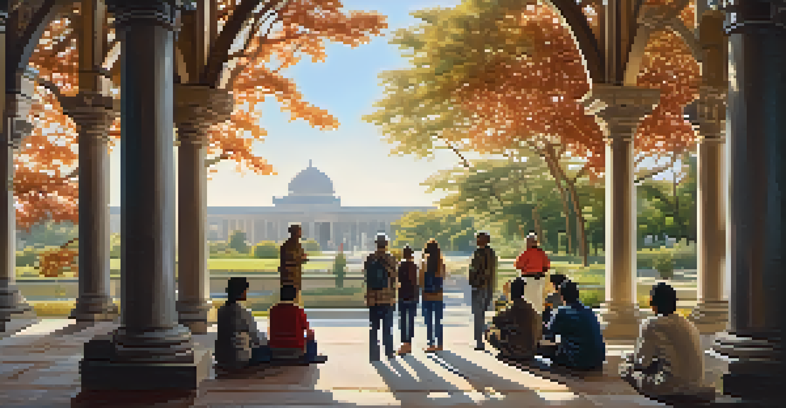 A local guide speaking to a small group of people in front of a beautiful historic landmark.
