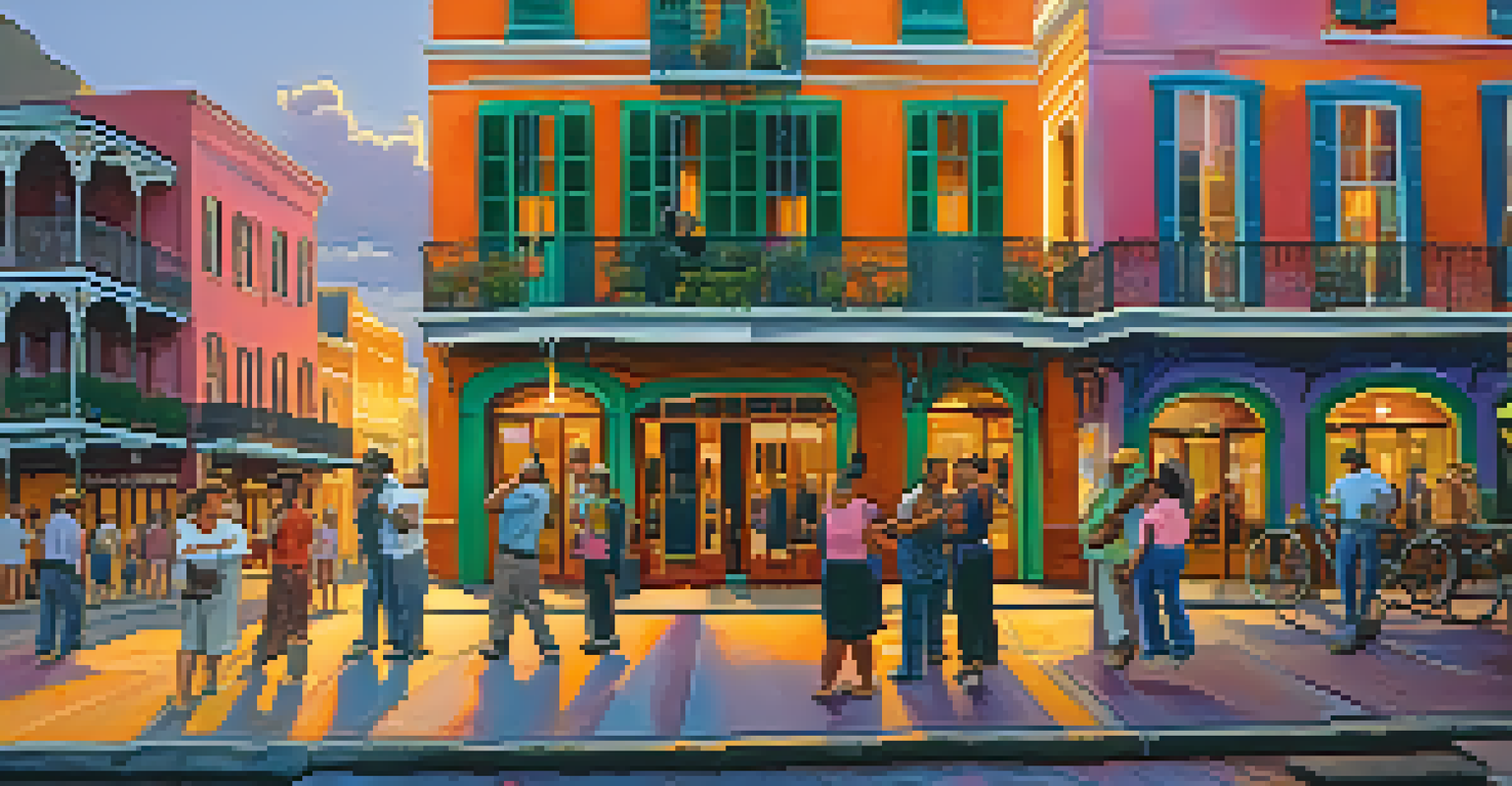 Street performers and local guides sharing stories in the colorful French Quarter of New Orleans at sunset.
