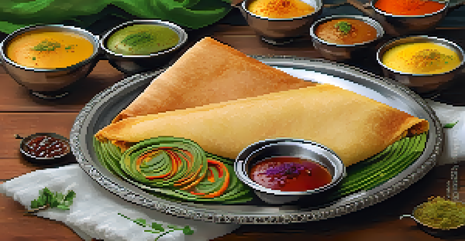 A close-up of a plate of crispy Dosa with colorful chutneys and sambar on a rustic wooden table.