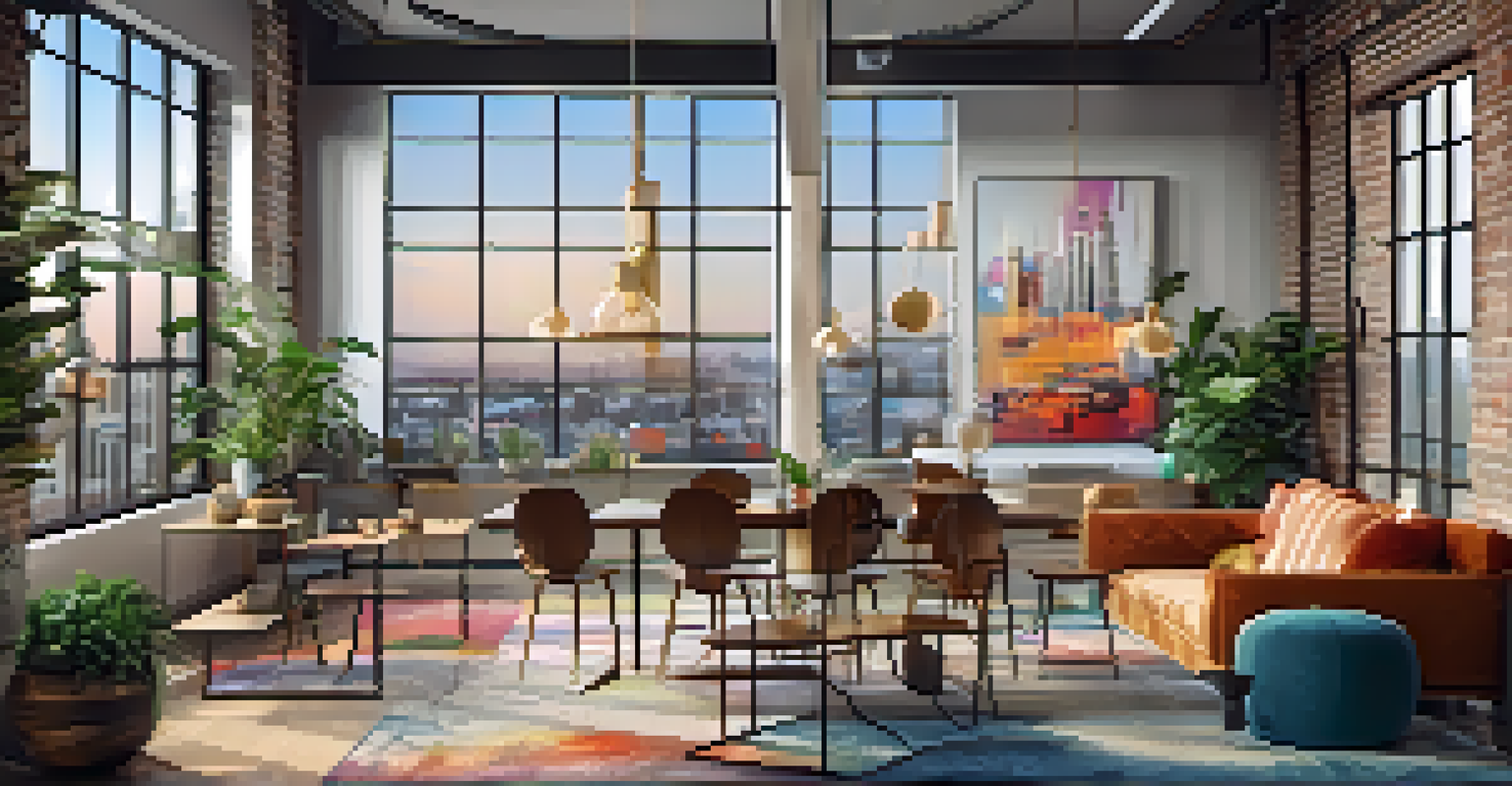 A modern urban loft retreat with city views, vibrant artwork, and a cozy atmosphere for group activities.