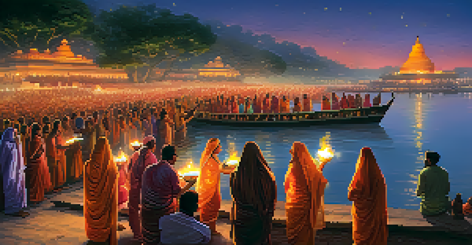 A colorful Ganga Aarti ceremony at dusk with devotees and oil lamps along the Ganges River.