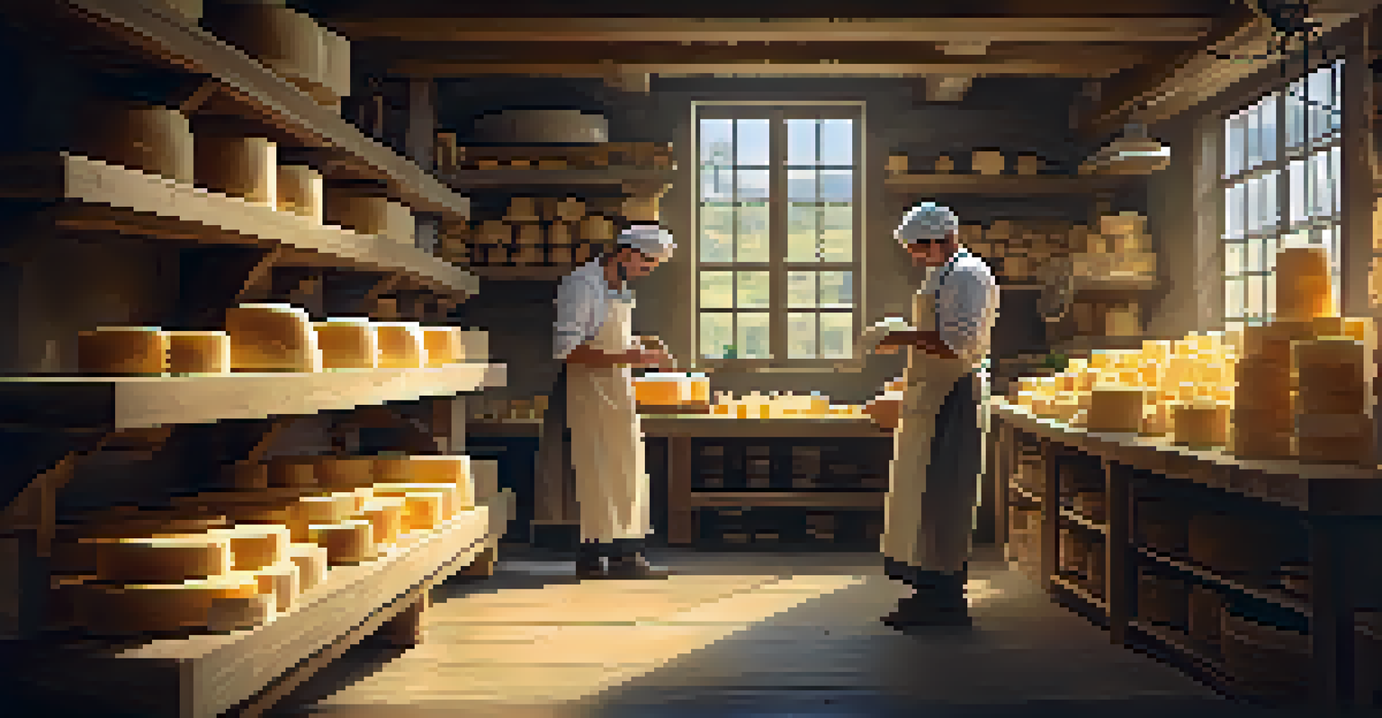 An artisan cheese maker working in a rustic workshop surrounded by shelves of cheese and sunlight streaming through a window.