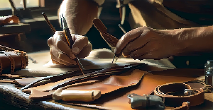 A skilled artisan's hands stitching leather in a bright workshop filled with tools and leather hides.