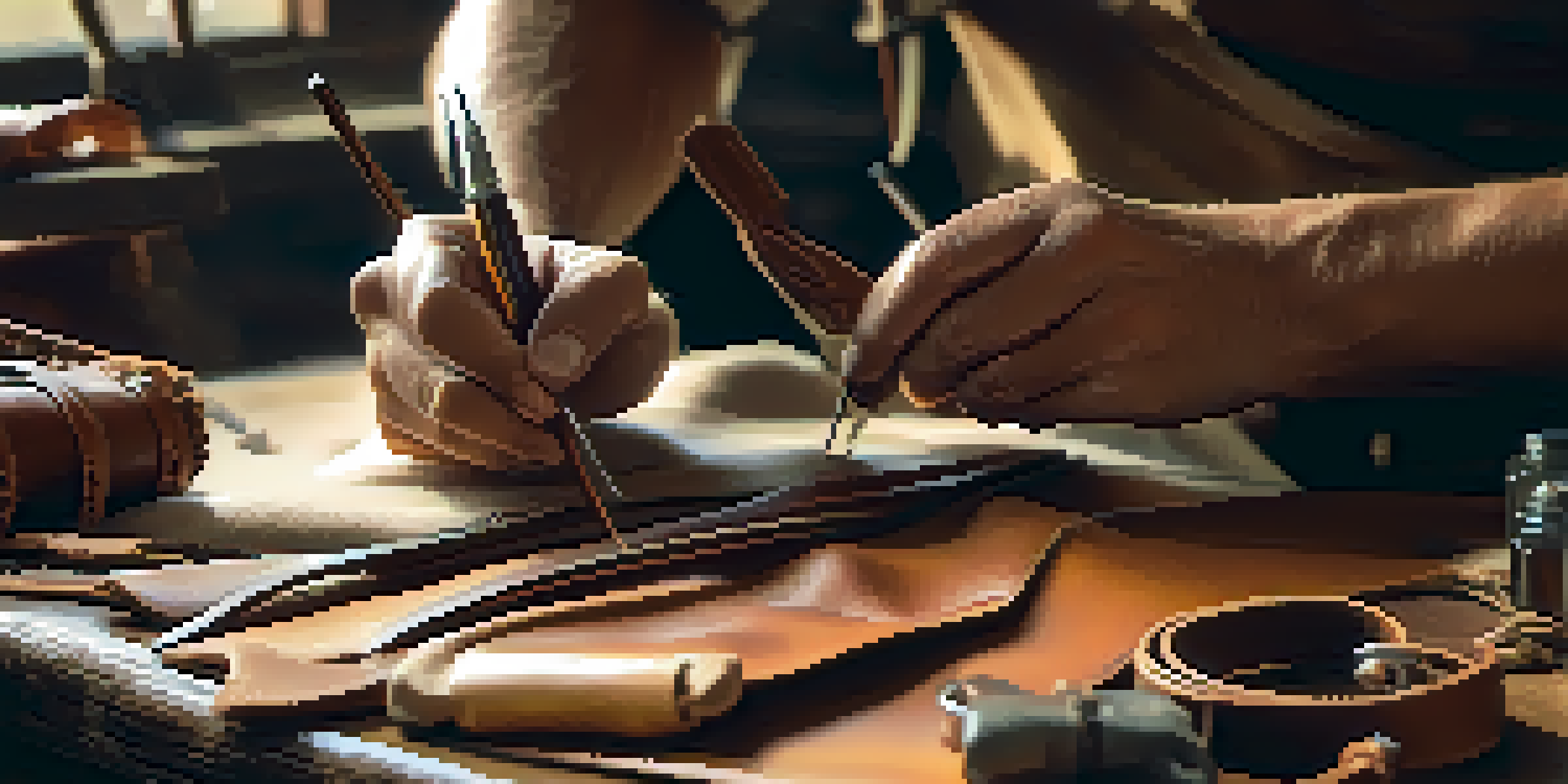 A skilled artisan's hands stitching leather in a bright workshop filled with tools and leather hides.
