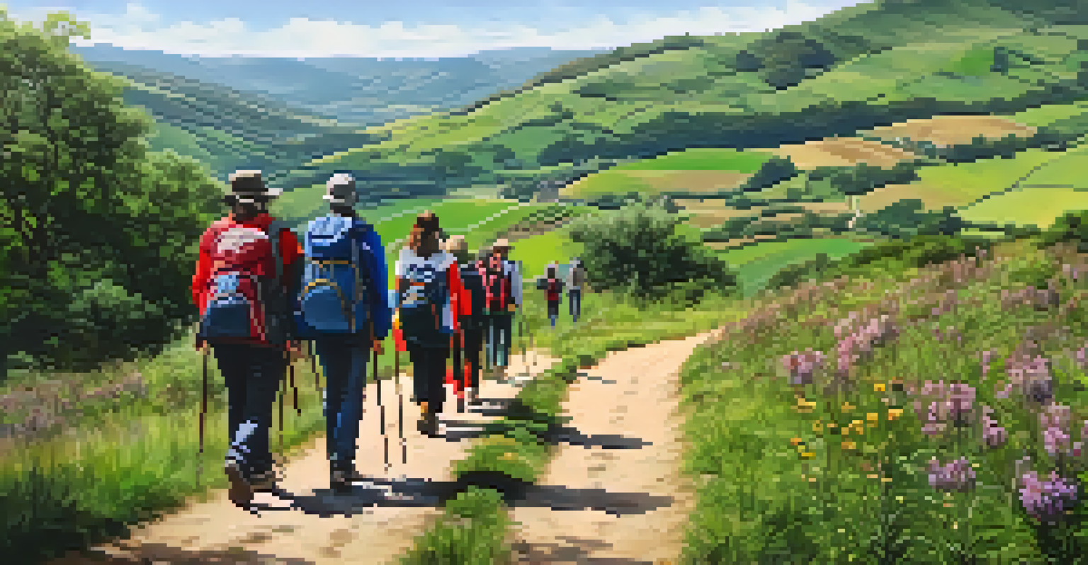 A group of diverse pilgrims walking on the Camino de Santiago trail, surrounded by green hills and wildflowers.