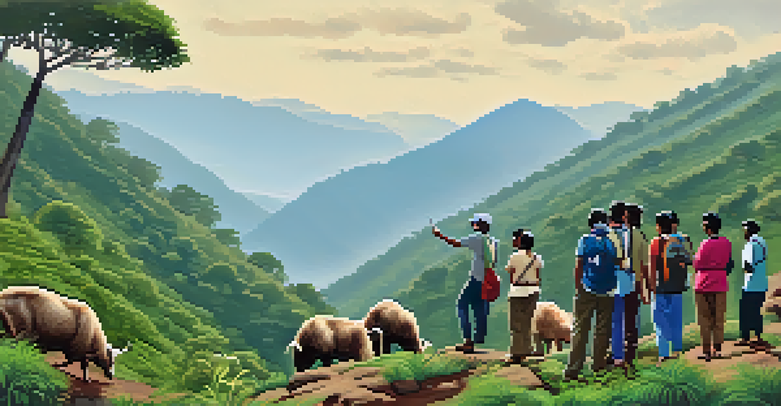 Tourists on a guided nature walk in the Western Ghats, learning about the endangered Nilgiri Tahr.