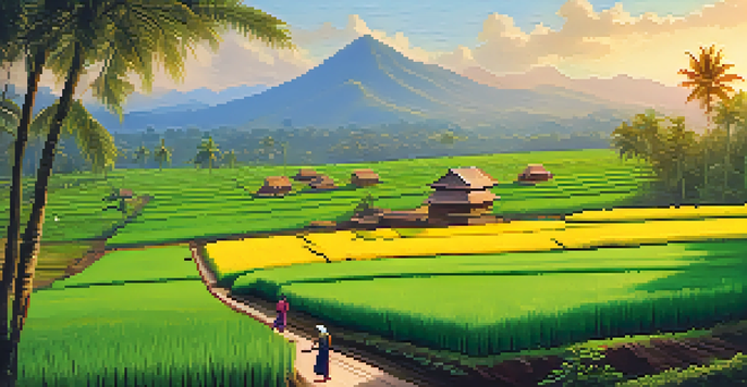 A picturesque rural landscape in Kerala with green rice paddies and spice plantations, featuring local farmers at work under a clear blue sky.