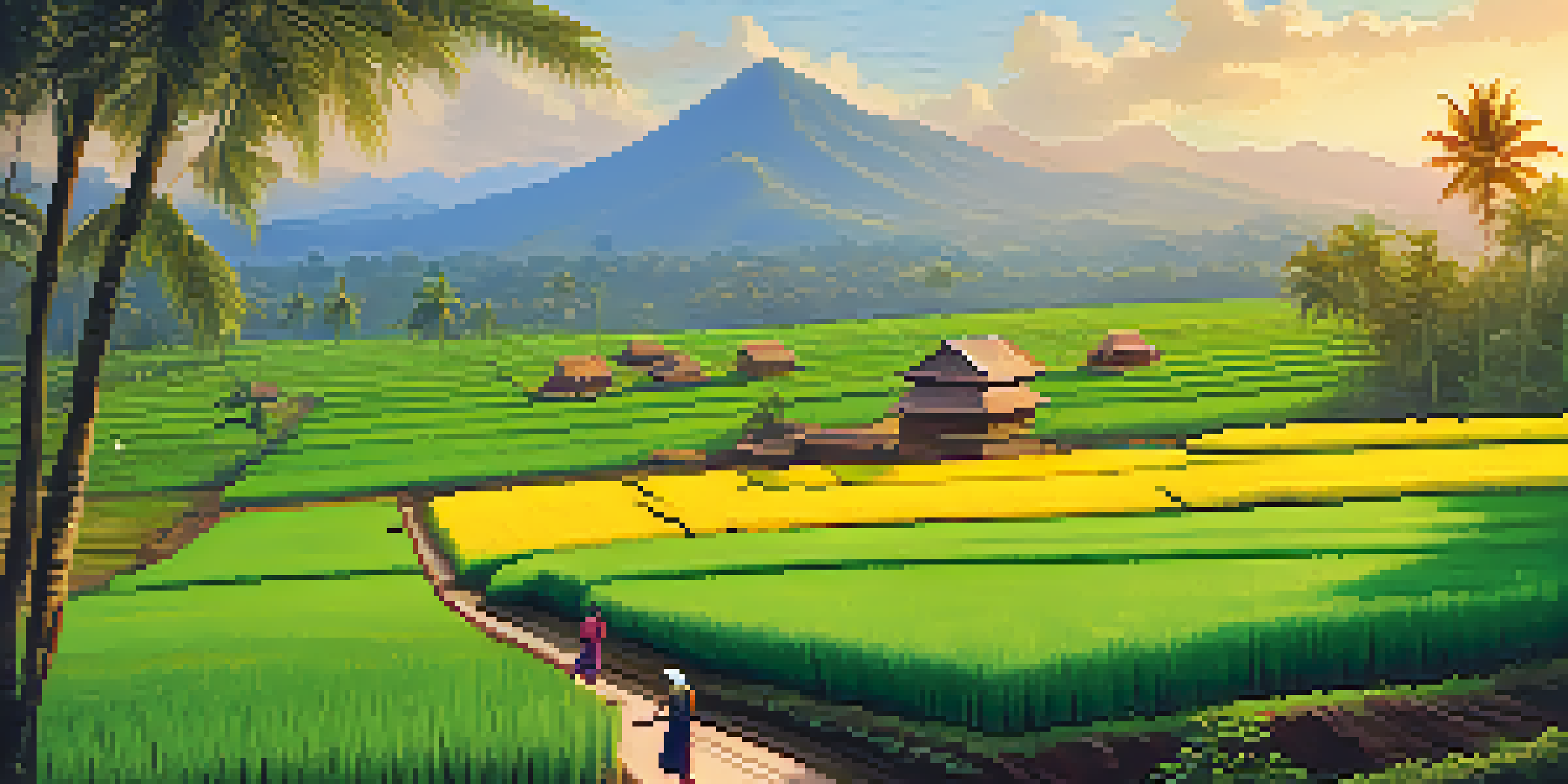 A picturesque rural landscape in Kerala with green rice paddies and spice plantations, featuring local farmers at work under a clear blue sky.