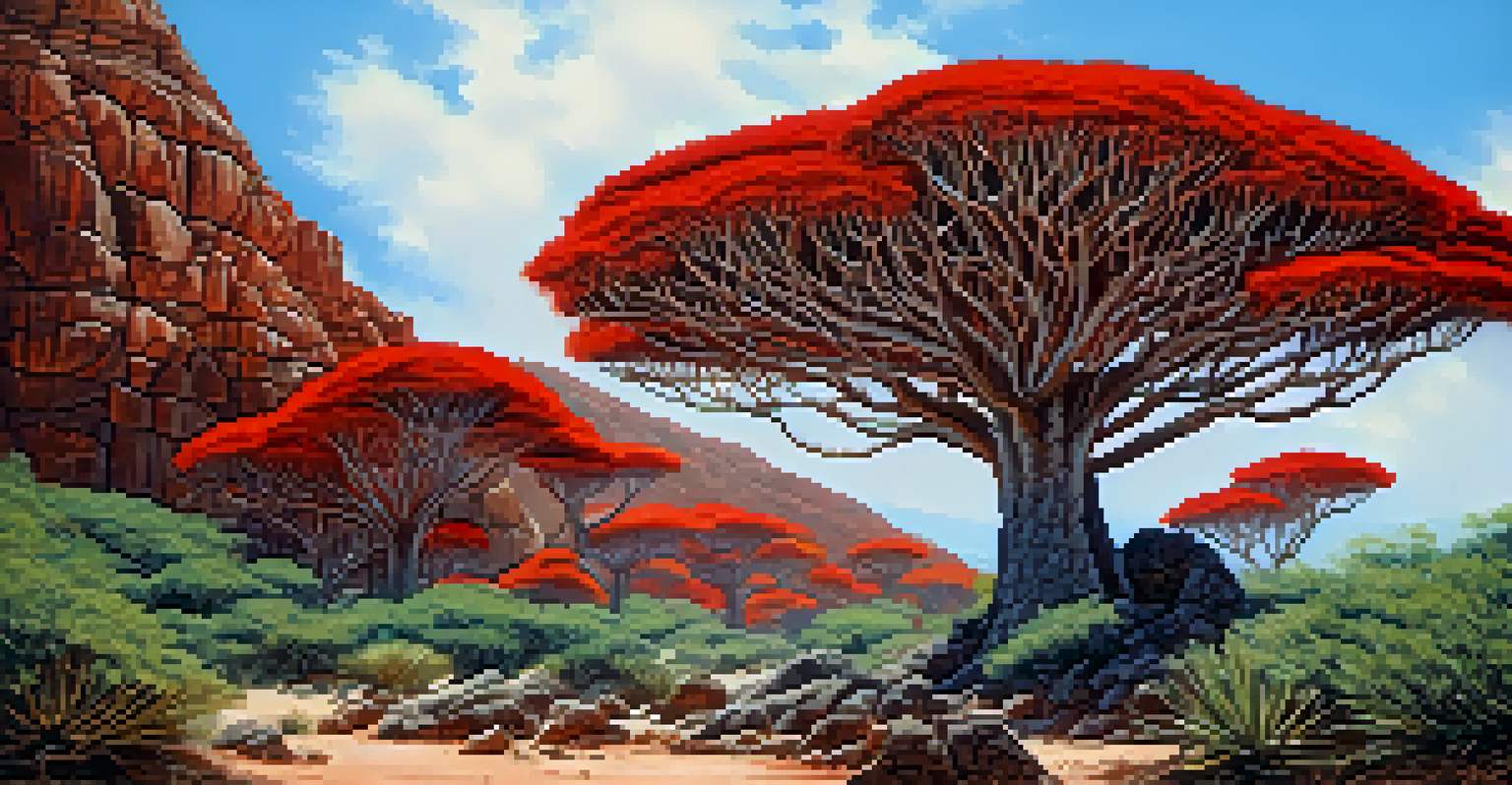 Close-up of Dragon's Blood Trees with unique shapes and red sap on rugged terrain.