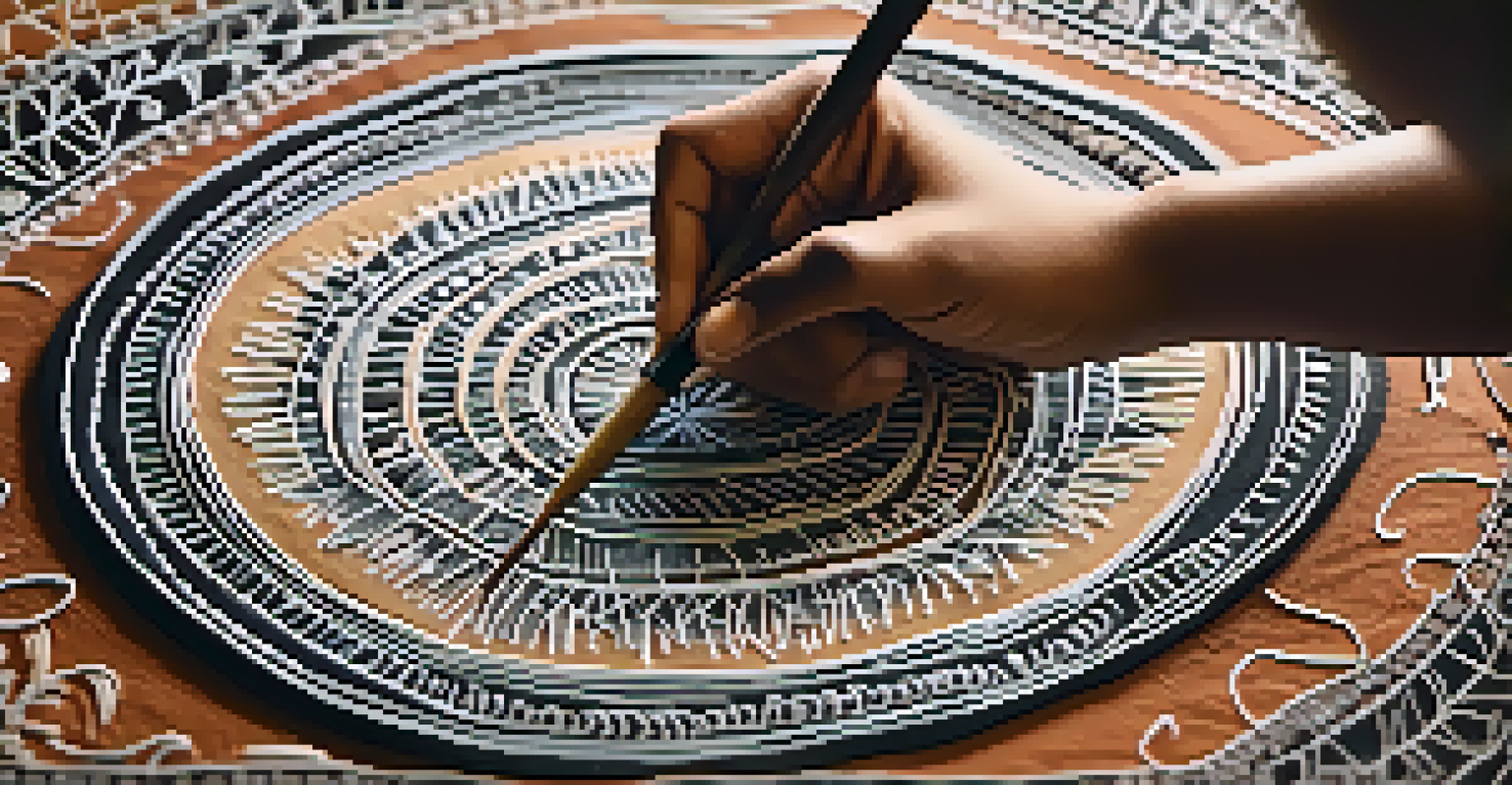 An artist creating a Warli painting, focusing on intricate patterns and earthy colors, with tools and paints around.