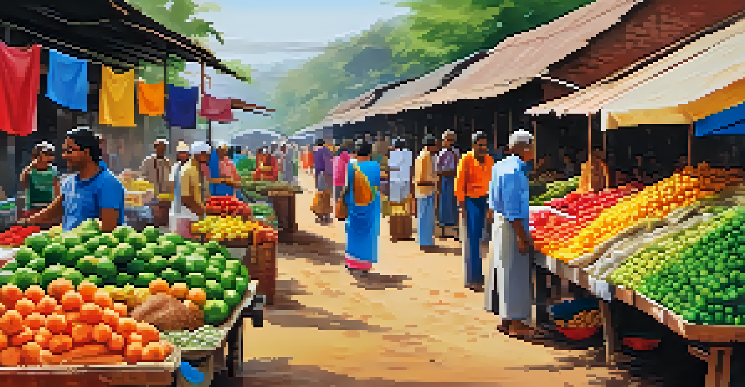 A bustling market filled with colorful stalls and friendly vendors, showcasing local produce and crafts in a small town.