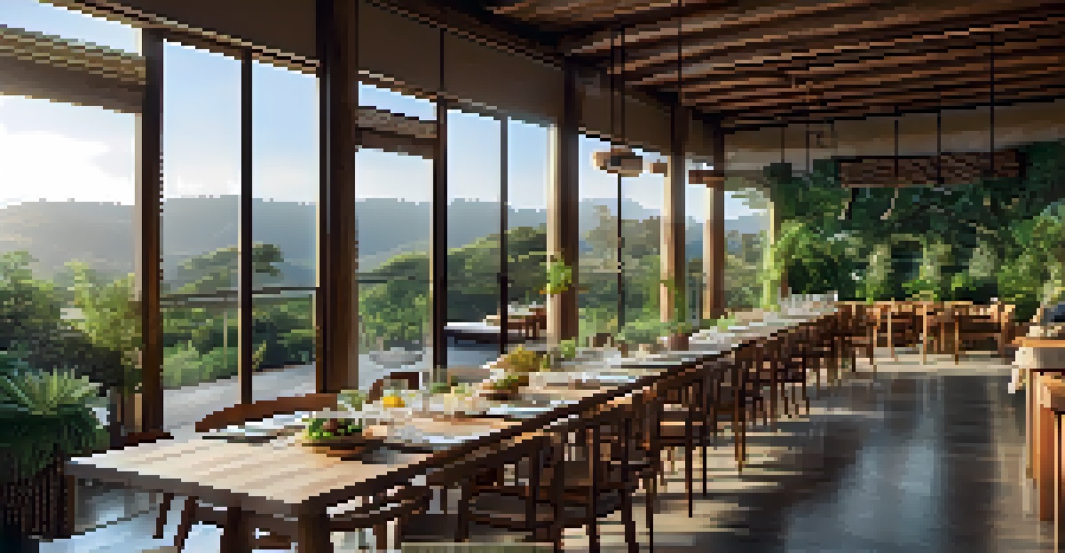 The dining area of an eco-friendly hotel, with a wooden table set for dining and large windows showcasing the landscape outside.