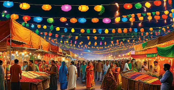 A busy street in Delhi decorated for Diwali, with colorful stalls selling sweets and lights, and fireworks in the background.