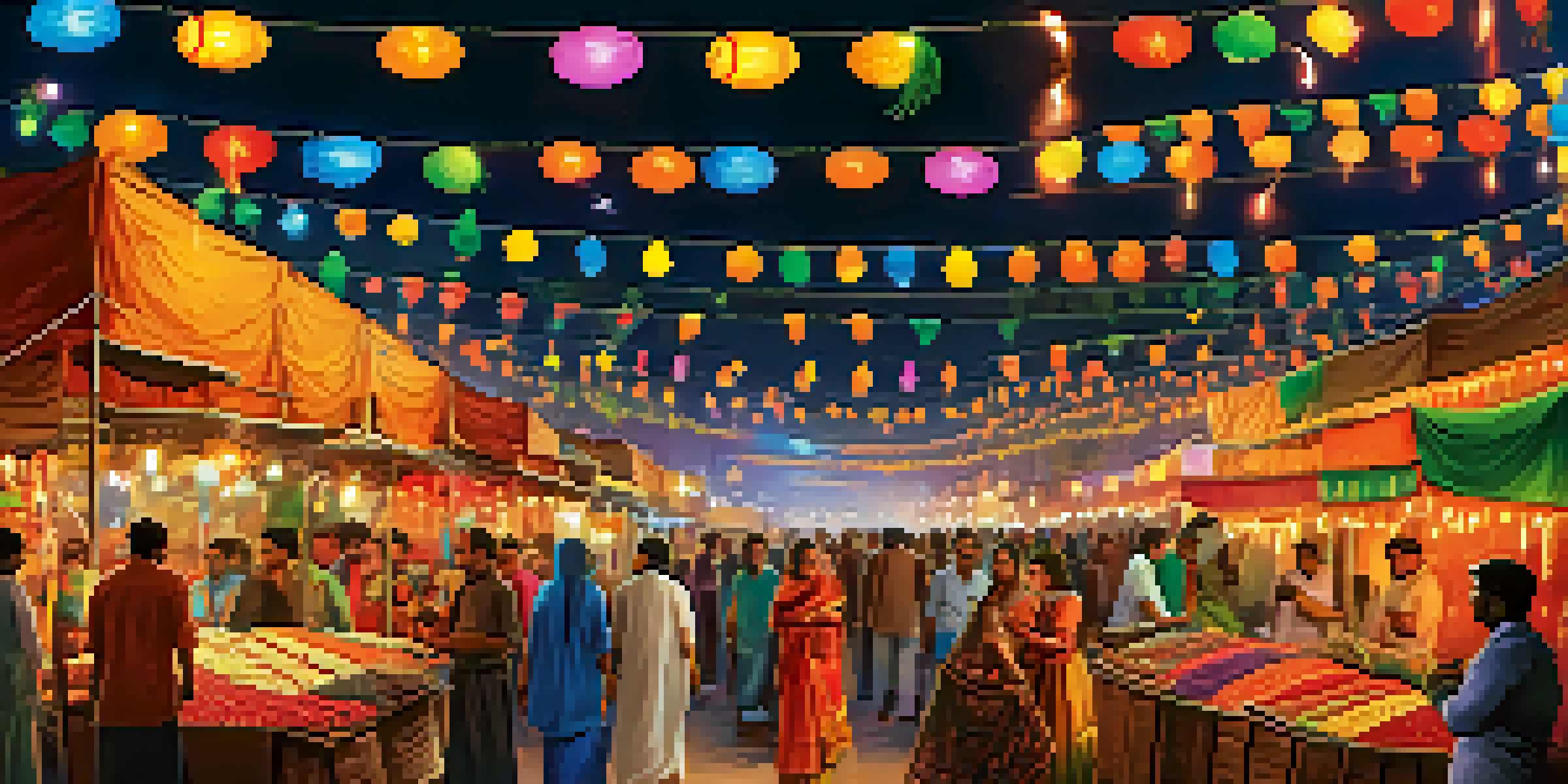 A busy street in Delhi decorated for Diwali, with colorful stalls selling sweets and lights, and fireworks in the background.