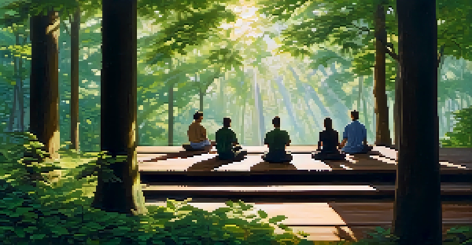 A tranquil meditation retreat in a green forest with sunlight filtering through trees, showing people meditating on a wooden platform.