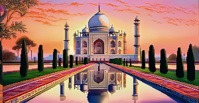A sunset view of the Taj Mahal with its reflection in the water, surrounded by gardens and visitors admiring the scene.