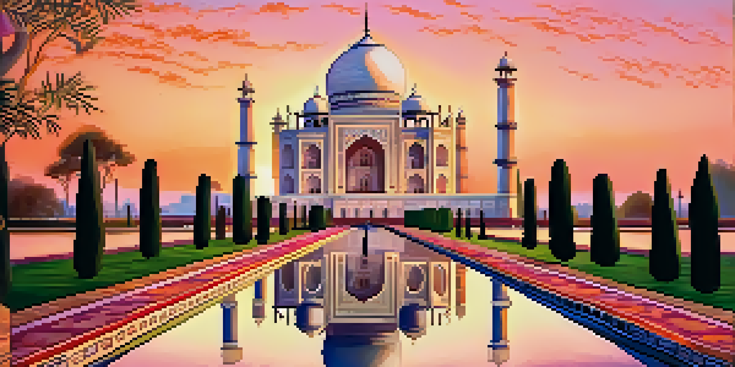 A sunset view of the Taj Mahal with its reflection in the water, surrounded by gardens and visitors admiring the scene.