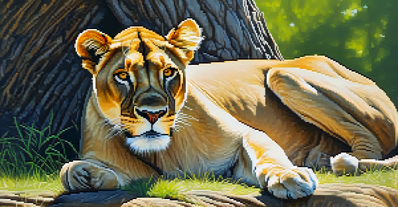 A close-up of a lioness resting under a tree, with sunlight filtering through the leaves and a soft green background.