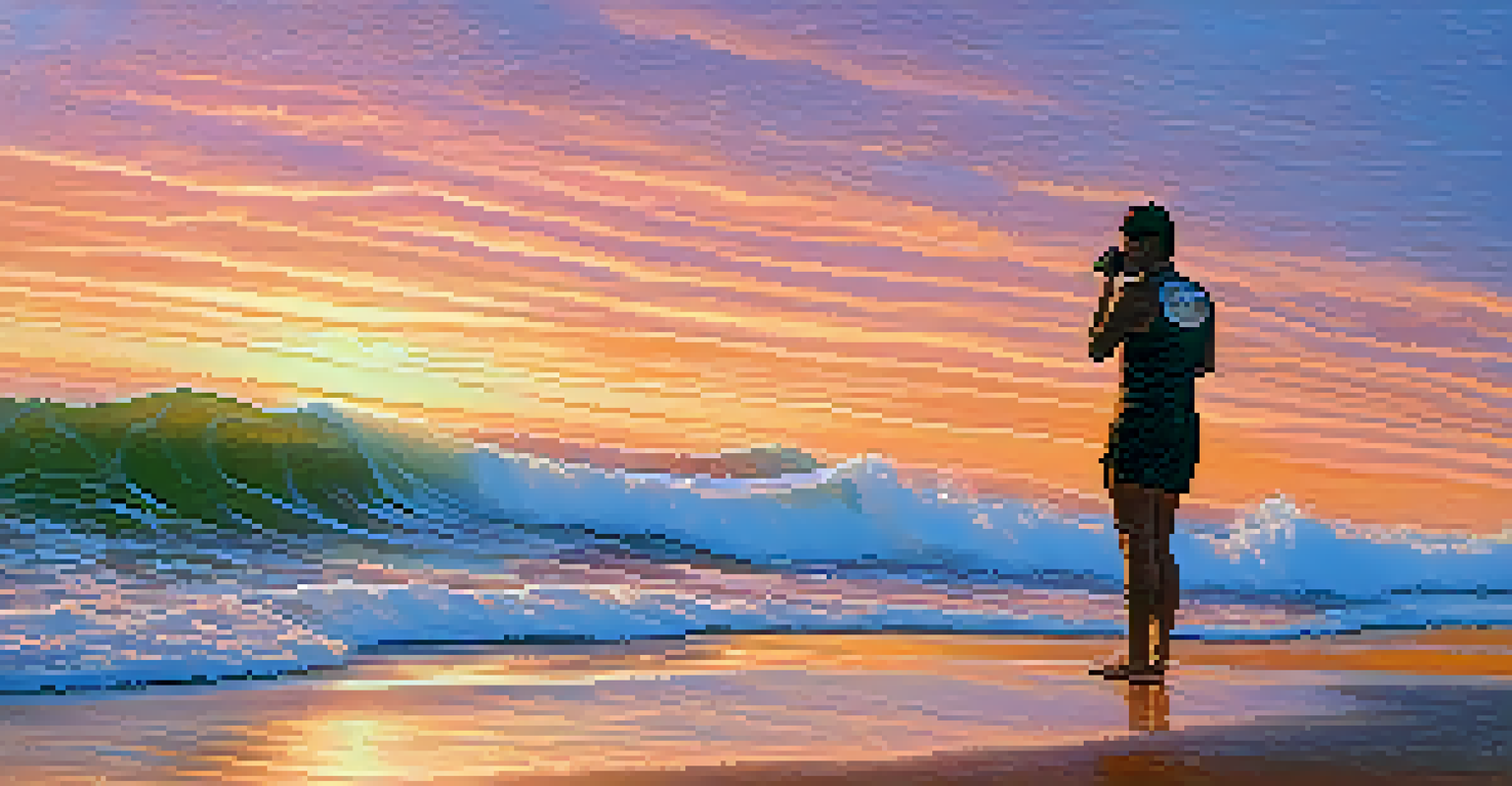 A person practicing breathing techniques on a beach at sunrise.