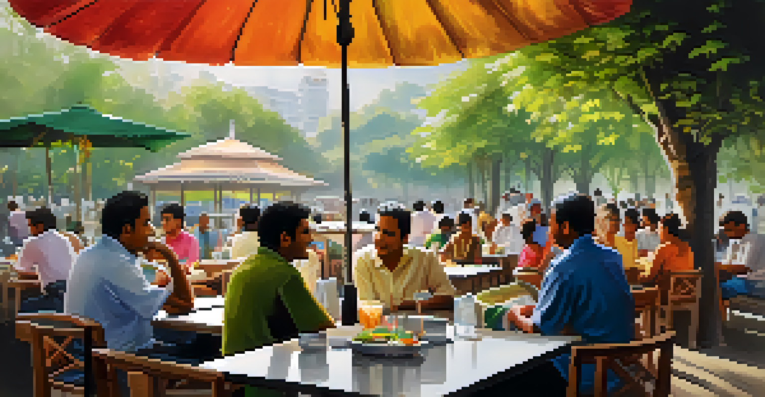 An outdoor cafe in Pune with patrons enjoying meals under colorful umbrellas, surrounded by greenery and a lively atmosphere.