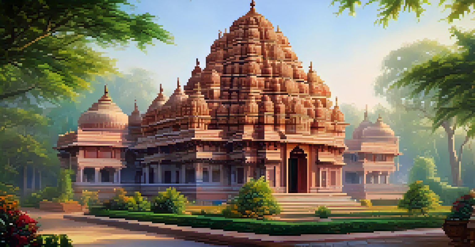 A beautiful Indian temple surrounded by gardens and intricate architecture, illuminated by soft morning light.