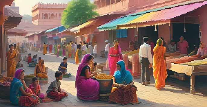 A lively market in Jaipur filled with colorful textiles and jewelry, with families and children enjoying the vibrant scene under a sunset sky.