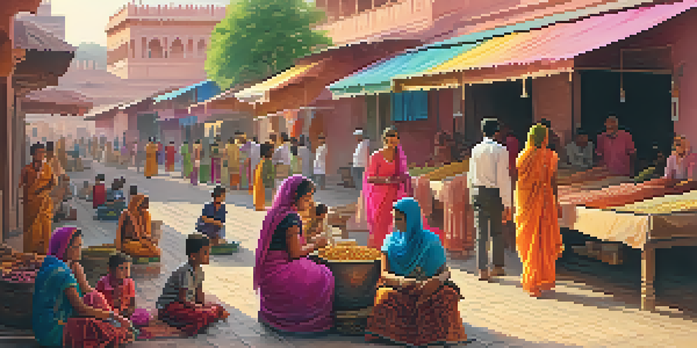 A lively market in Jaipur filled with colorful textiles and jewelry, with families and children enjoying the vibrant scene under a sunset sky.