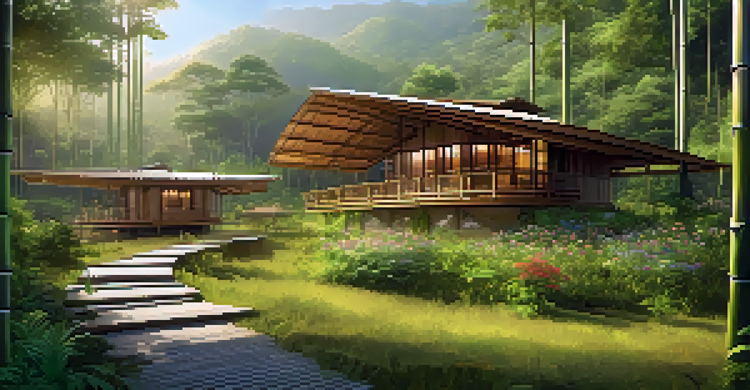 A sustainable eco-lodge in a green forest, showcasing bamboo architecture and solar panels, illuminated by soft sunlight.