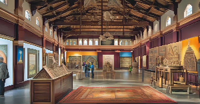 A lively Heritage Interpretation Center filled with visitors interacting with exhibits, featuring traditional crafts and historical artifacts in a beautifully designed space.