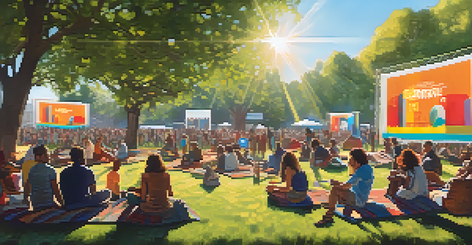A diverse group of festival attendees engaged in conversation at a film festival, with colorful banners and a projector screen in a sunny outdoor setting.